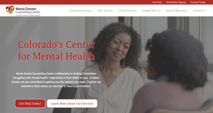 Maria Droste Counseling Center Website Image of the home page of a counseling center website as part of webdesign SEO portfolio