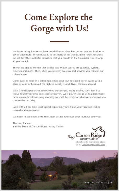 The final page of an e-guide inviting hikers to stay at luxury BnB in the Columbia River Gorge.