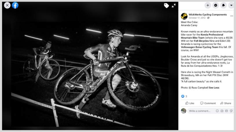 A snap shot of a post on a featured rider for a Facebook campaign.